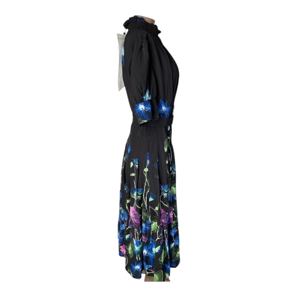 Gracia Womens Maxi Dress Black Size L Blue Purple Floral Belted Fit & Flare - Picture 6 of 13